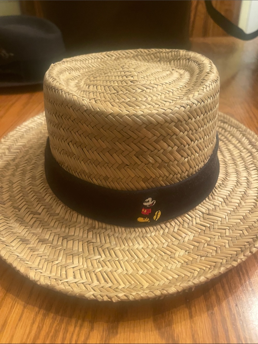 Disney Straw Fedora Hat with Black Band and Mickey Patch